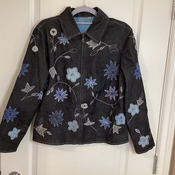 Women's Embroidered Beaded Black Jacket Front Zip Fully lined Western Cowgirl - Picture 1 of 7